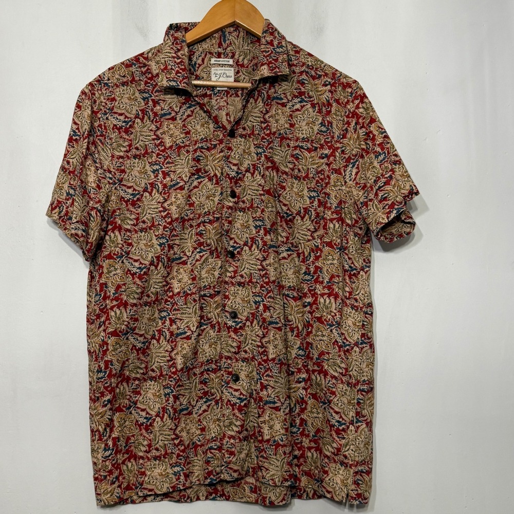 J.Crew Mens Hemp Cotton Floral Block Print Loop Camp Collar Shirt BH574 Red L